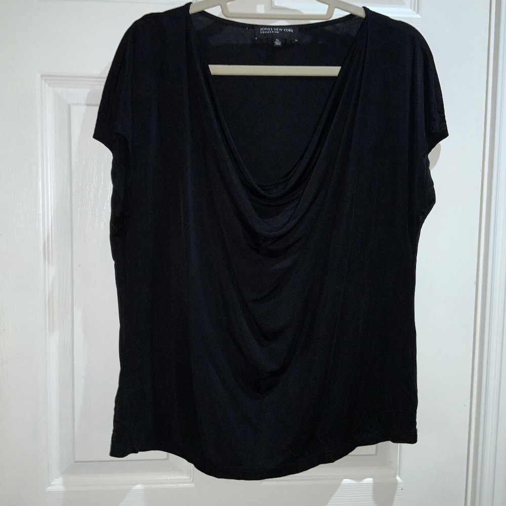 Jones New York black drape front blouse Sz XL cap sleeves career